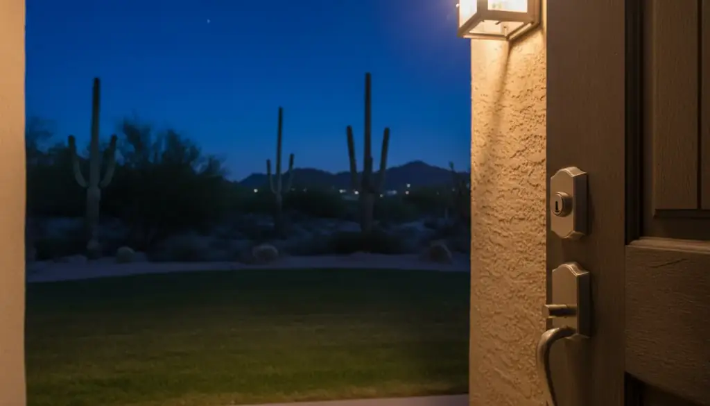 Front-door deadbolt and lever on a stucco home at night under the porch light