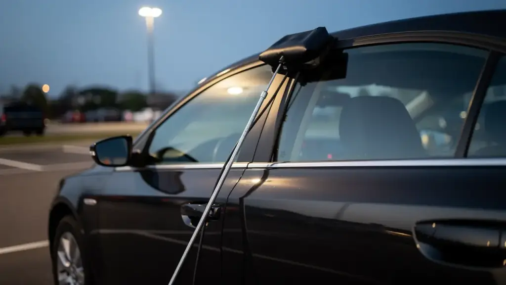 Inflatable air wedge and long-reach lockout rod set in the door of a dark sedan at dusk