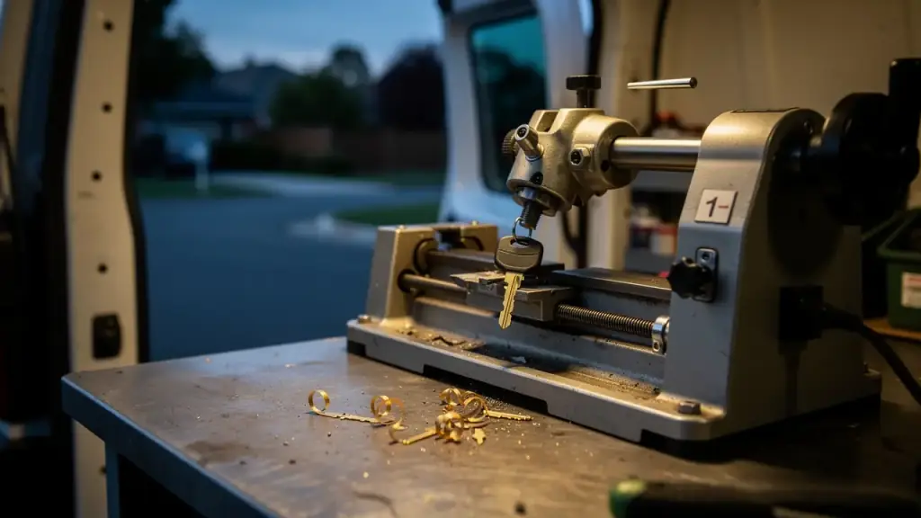 Key-cutting machine in the back of a work van with a car key blade clamped mid-cut