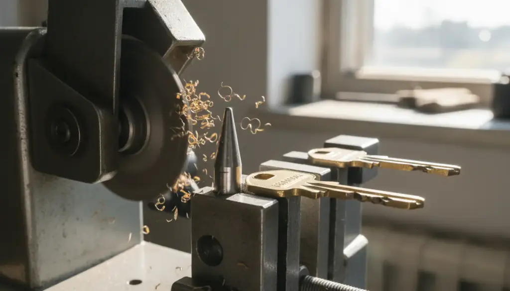 Cutter wheel of a key-duplicating machine with a brass blank clamped beside its original