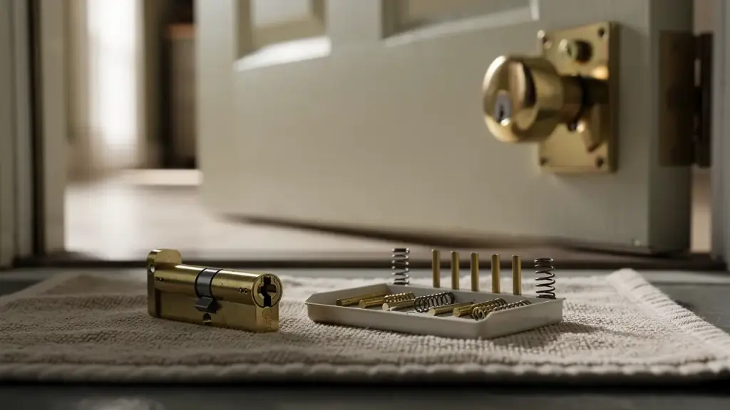 Lock cylinder opened beside a front door, its brass pins laid out in a pinning tray